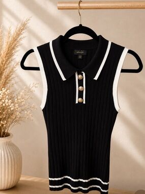 OnTwelfth Ribbed Knit Sleeveless Polo Top Size M | Black & White Chic Tank